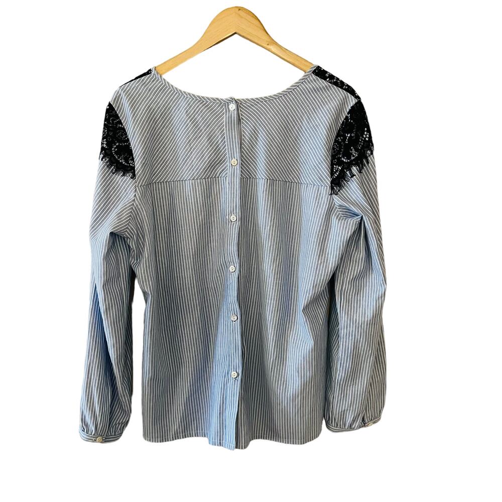 Solitaire Striped Lace Detail Long Sleeve Top Size XL Blue Black NWT - Picture 2 of 7